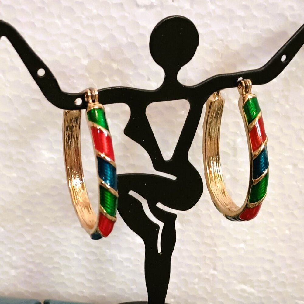 Avon Vtg Enamel Hoop Earrings Gold Stripe Blue Green Red  Holiday Jewelry
